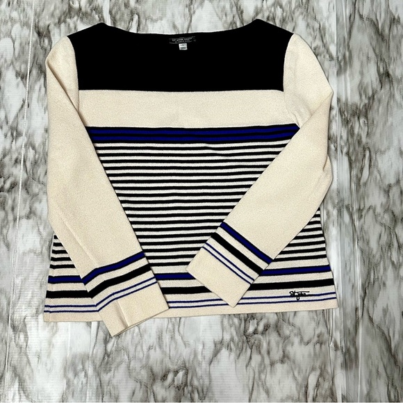 St John Sport Marie Gray Women’s Sz L Boatneck Striped Sweater Cream And Navy - Picture 2 of 11